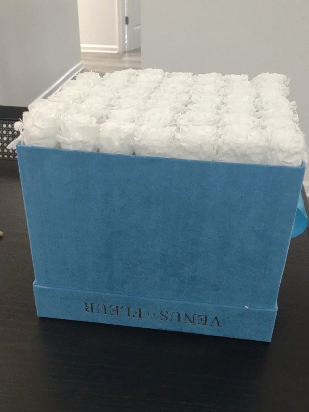 Venus et Fleur White Roses in Blue Velvet Box